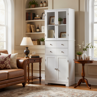 Sunvega White Tall Kitchen Pantry Cabinet with Doors Shelves and Drawer