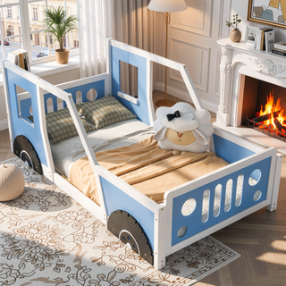 Sunvega Twin Size Blue Classic Car-Shaped Platform Bed with Wheels
