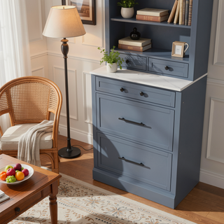 Sunvega Freestanding Tall Kitchen Pantry Cabinet with Faux Marble Top and 5 Storage Drawers