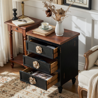 Sunvega Vintage Farmhouse End Table with Floral Knobs and Gourd Legs
