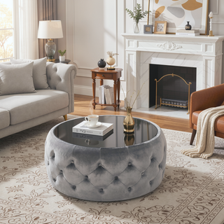 Sunvega Modern Glam Velvet Ottoman with Tempered Glass Top and Button Tufting