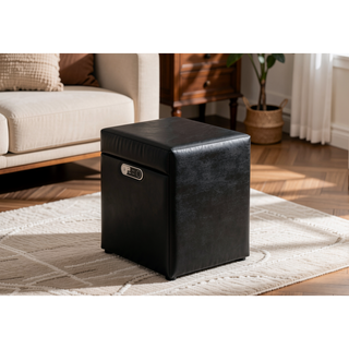 Sunvega Upholstered Black Leather Look Nightstand with Two Storage Drawers