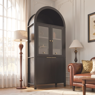 Sunvega Elegant Fluted Tall Arched Pantry Cabinet with Adjustable Shelves