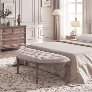 Sunvega French Inspired Vintage Semi-Circle Upholstered Bench with Tufted Design for Bedroom