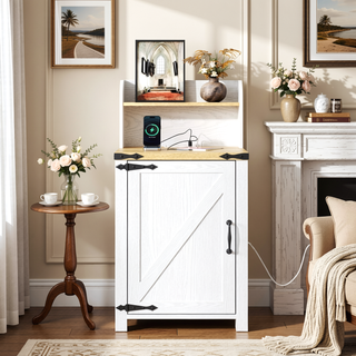 Sunvega Farmhouse End Table with Barn Door, Charging Station, and Adjustable Shelf