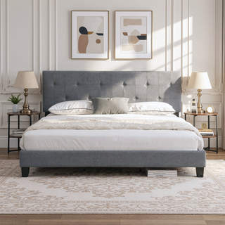 Sunvega Modern Upholstered King Size Platform Bed Frame with Button Tufted Headboard