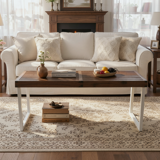 Sunvega Modern Acacia Wood Dining Bench with Iron Legs in Dark Brown and White