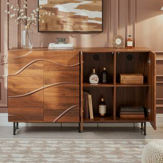 Sunvega Wave Relief Design Wood Sideboard with Iron Legs for Living Room Storage