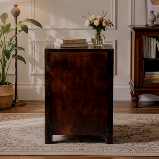 Sunvega Handcrafted Mango Wood Nightstand with Buffalo Bone Inlay and Three Drawers