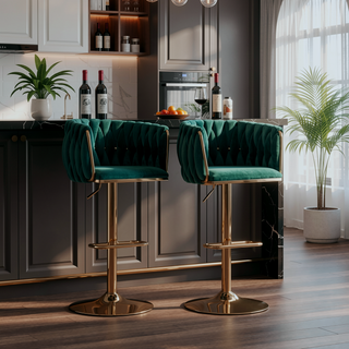 Sunvega Set of 2 Swivel Adjustable Bar Stools with Chrome Footrest and Navy Velvet