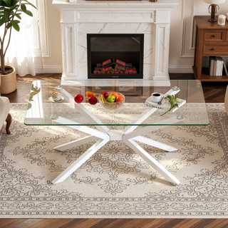 Sunvega Modern 39.37" Rectangular Clear Tempered Glass Coffee Table with Black Metal Legs