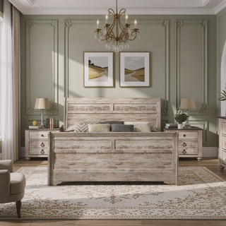 Sunvega Queen Size White Wash Finish Sleigh Bed and Two Nightstands with Antique Walnut Trim