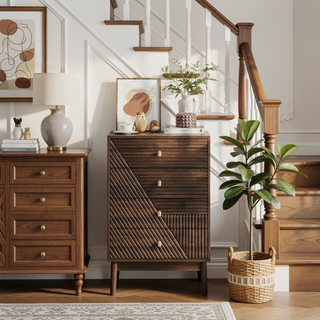 Sunvega Modern Walnut Wooden 4-Drawer Dresser with Metal Knobs for Bedroom