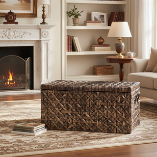 Sunvega Blackwashed Water Hyacinth Storage Trunk with Intricate Diamond Weave Pattern