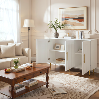 Sunvega White Fluted 3-Door Large Storage Sideboard Cabinet with Gold Handles