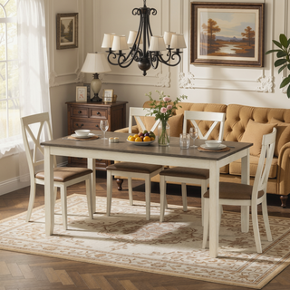 Sunvega Farmhouse Dining Table Set with Dogwood Bark and Blossom Colors