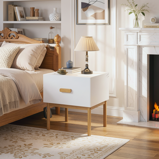 Sunvega Modern White Nightstand with Spacious Drawer and Stable Wood Legs for Bedroom