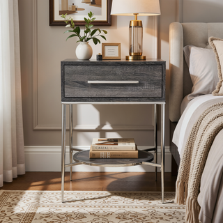 Sunvega Square Nightstand with Storage Drawer and Faux Marble Display Shelf