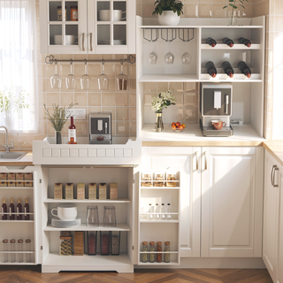 Sunvega Modern Farmhouse White Buffet Cabinet with Hutch for Kitchen Storage and Dining Room