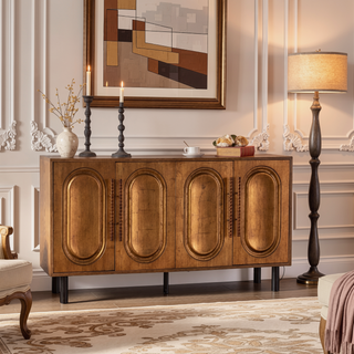 Sunvega Gold-Toned 4-Door Sideboard Buffet Cabinet with Arched Door Storage