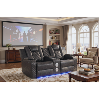 Sunvega Faux Leather Power Reclining Loveseat with LED Lighting and USB Ports