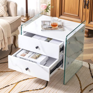 Sunvega MDF and Tempered Glass Double-Drawer Bedside Table with Storage Cabinet