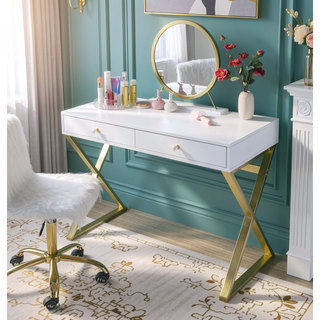 Sunvega White and Gold Vanity Desk with Mirror and Jewelry Storage Tray