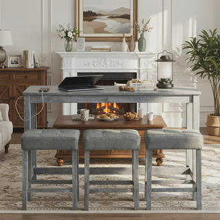 Sunvega 59 Inch Bar Table Set with Power Outlet and 3 Upholstered Stools for Kitchen