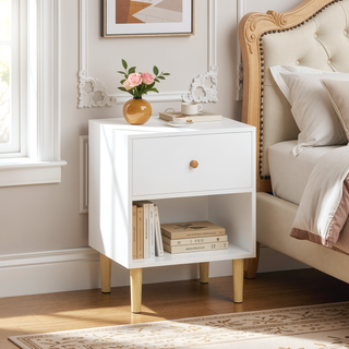 Sunvega White Wooden Nightstand with One Drawer and Shelf for Kids and Adults
