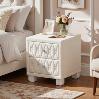 Sunvega Pink Velvet Nightstand with Crystal Knob Handles and Two Spacious Drawers