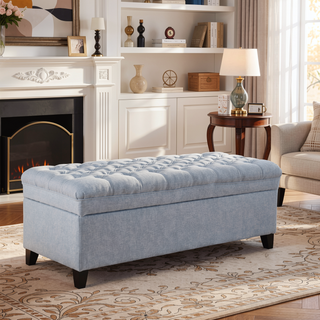 Sunvega Blue Fabric Storage Ottoman with Birch Legs for Living Room Seating