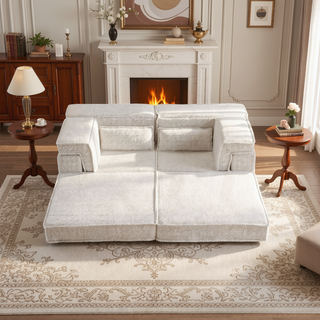 Sunvega Convertible Modular Sectional Mahjong Sofa Bed with Ottoman in Circle Fleece Fabric