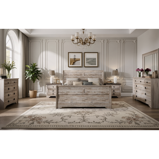 Sunvega White Wash Finish King Sleigh Bed Dresser Mirror Nightstands and Chest