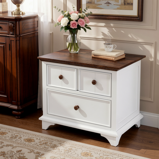 Sunvega Retro White and Walnut Wooden Seven-Drawer Dresser for Bedroom Storage