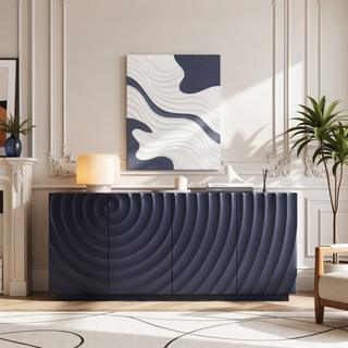 Sunvega Navy Blue 4 Door Buffet Cabinet with 3D Water Ripple Texture for Kitchen