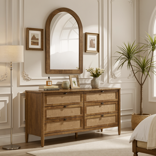 Sunvega Rubberwood Queen Bedroom Set with Corduroy Upholstered Bed Dresser Mirror Nightstand