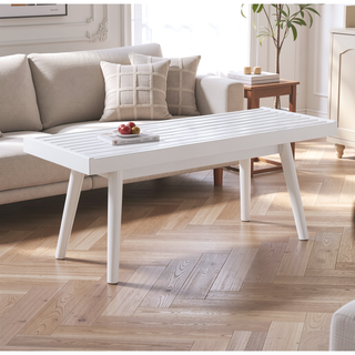Sunvega Farmhouse Style Solid Wood Slatted Bench with Tapered Legs in White