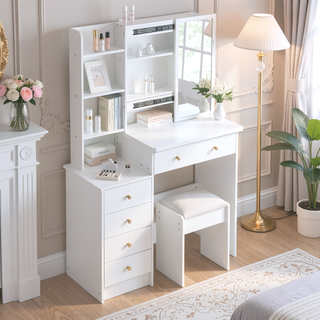 Sunvega 37 Inch Left Bedside Cabinet Vanity Table with Cushioned Stool and Sliding Mirror