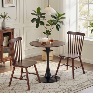 Sunvega Mid-Century Modern Walnut Round Dining Table with White Pedestal Base for 4