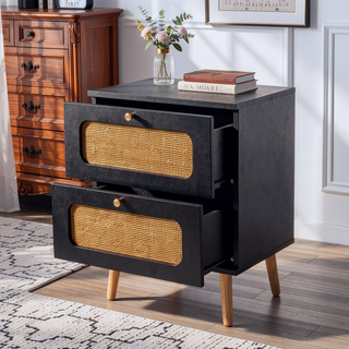 Sunvega Rattan Nightstand with Two Handmade Decorated Drawers for Bedroom and Living Room