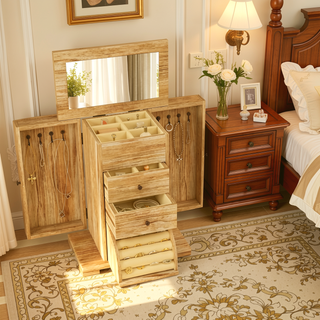 Sunvega Wooden Jewelry Box Organizer with Mirror and Drawers for Rings Earrings Necklaces