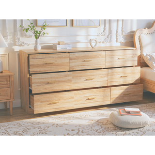 Sunvega Modern Black 9-Drawer Dresser with Golden Handles for Bedroom Storage