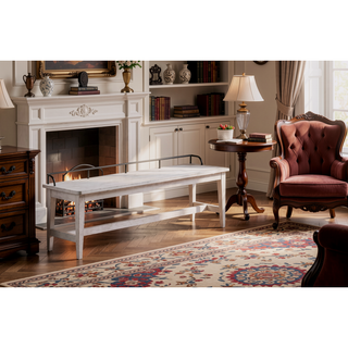 Sunvega Vanilla Finish Dining Bench with Oil-Rubbed Brass Galley Rail