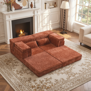 Sunvega Convertible Modular Sectional Mahjong Sofa Bed with Ottoman in Circle Fleece Fabric
