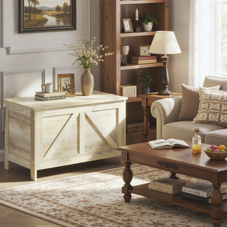 Sunvega Farmhouse Storage Chest Organizer with Safety Hinge and Wood Grain Effect