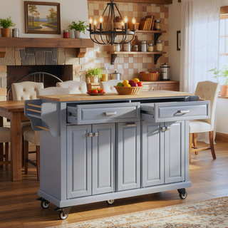 Sunvega Kitchen Cart with Rubber Wood Countertop Storage Cabinet and 2 Drawers
