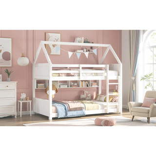 Sunvega Twin Over Twin Wooden House Bunk Bed with Headboards Footboards Guardrails Ladder