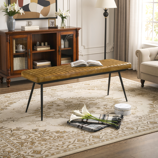 Sunvega Tufted Cushion Side Bench with Padded Goat Leather Upholstery and Tapered Metal Legs