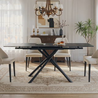 Sunvega Retractable Sintered Stone Dining Table with Black Carbon Steel Legs for 6-8 Seats