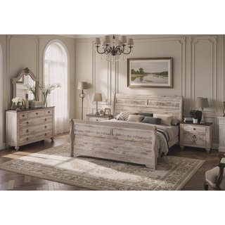 Sunvega White Wash Finish Queen Sleigh Bed Dresser Mirror and Nightstands Set
